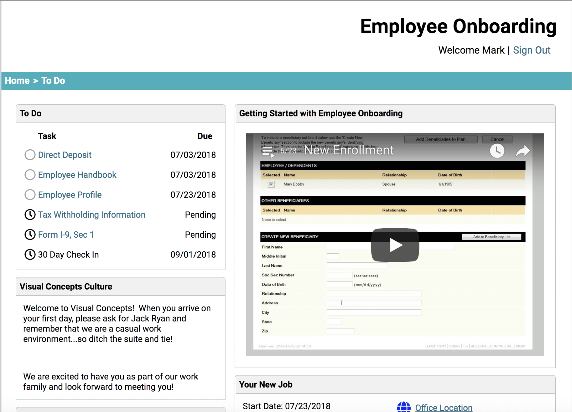 Candidate dashboard navigation ExponentHR Elevate